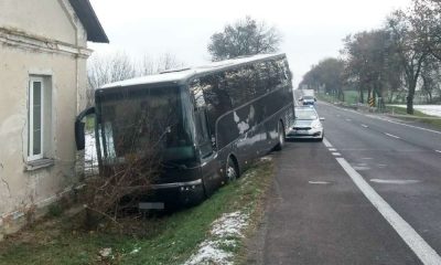 Kierowca autokaru z dziećmi zjechał do rowu w miejscowości Zakręcie. Fot. Policja
