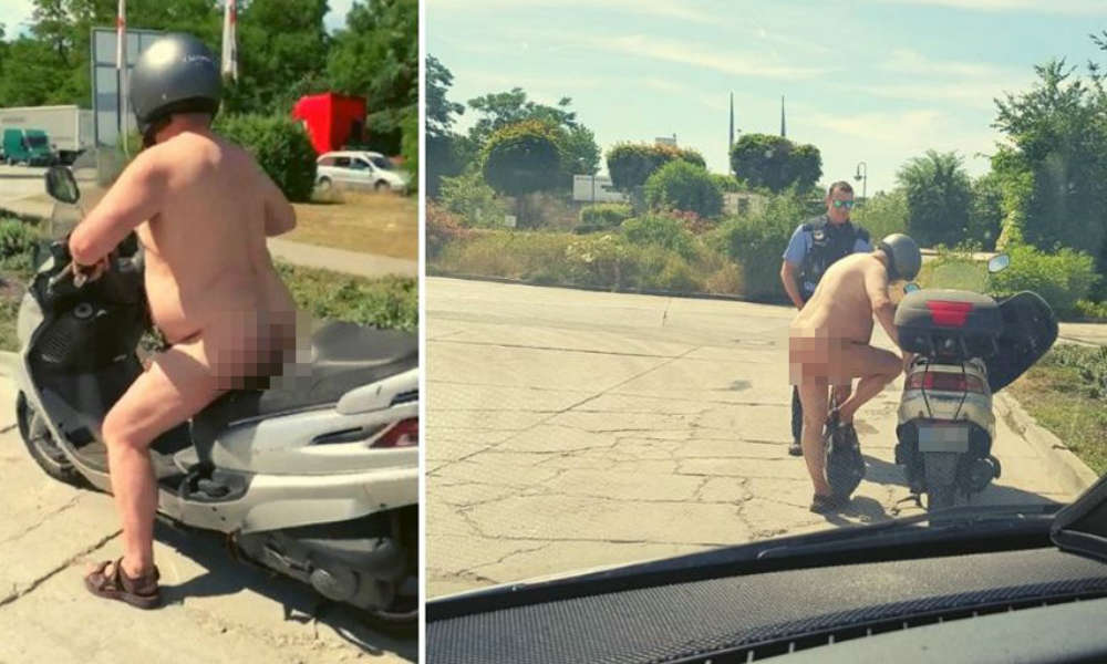 Nagi motorowerzysta zatrzymany przez policję w Branenburgii. Źródło: Twitter/Polizei Brandenburg