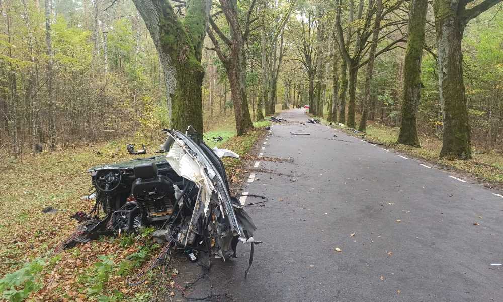 30-letni mężczyzna roztrzaskał osobowe audi na drzewach 30 km od Olsztyna. Nie przeżył Fot. KMP Olsztyn
