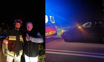 Tomasz Stockinger pozujący ze strażakami. Fot. Facebook/OSP Bulkowo