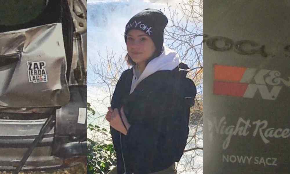 Julia Migacz i naklejki samochodu kierowcy, przez którego straciła życie w wieku 18 lat Fot. arch. rodzinne/OSP Stary Sącz