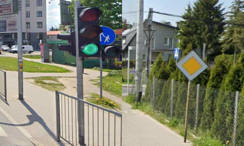 Sygnalizator zezwalający na wjazd i znak "droga z pierwszeństwem przejazdu" Źródło: Google Maps