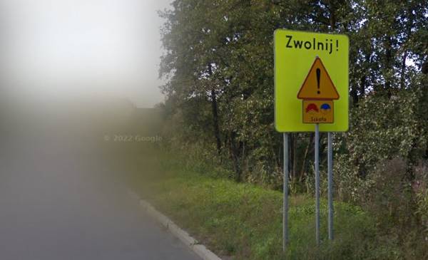 Znak "Uwaga szkoła" poprzedzający skrzyżowanie ulic Młodzieżowej i Paderewskiego w Wodzisławiu Śląskim Źródło: Google Maps