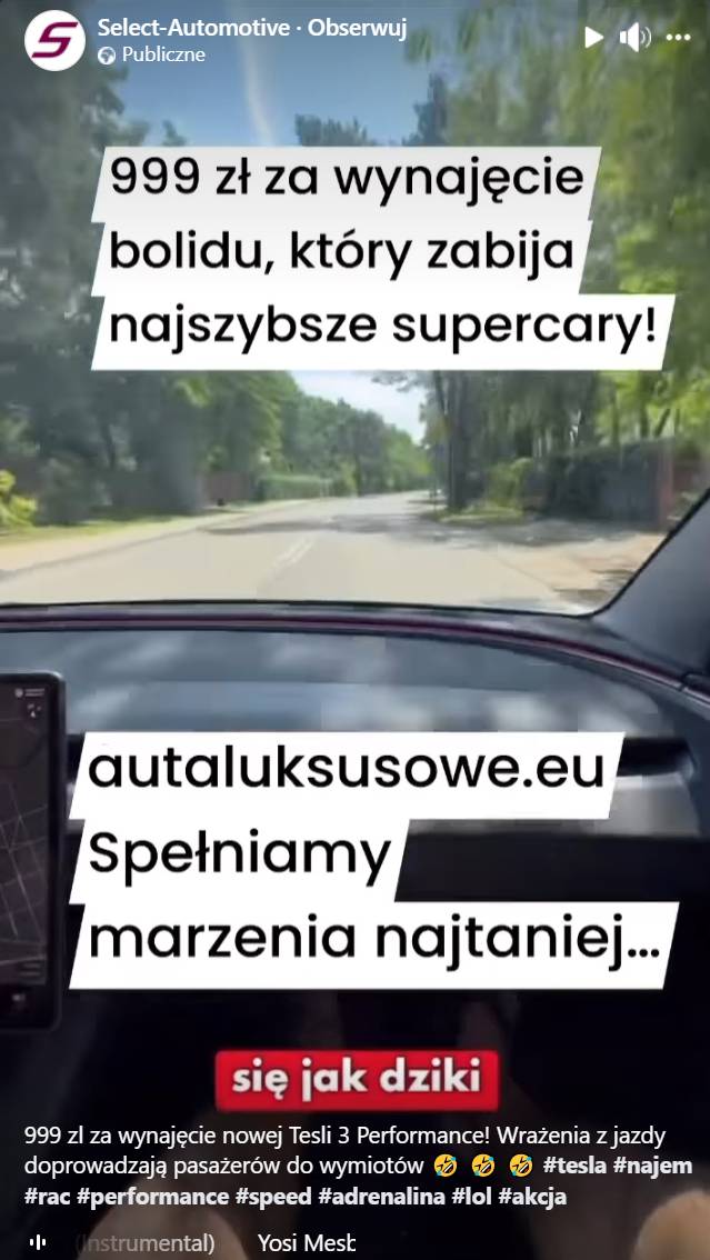 Kadr z kolejnego nagrania firmy Select Automotiv, na którym widać jazdę w uślizgu po publicznej drodze Źródło: Facebook/Select Automotive