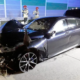 Miejsce wypadku z udziałem Sebastiana Majtczaka na autostradzie A1. Na zdjęciu jego rozbite BMW. Fot. KM PSP Piotrków Trybunalski