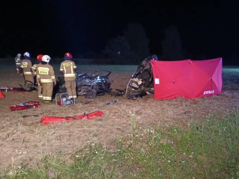 Wypadek, w którym młody kierowca BMW zabił pasażerkę Fot. OSP Łagów