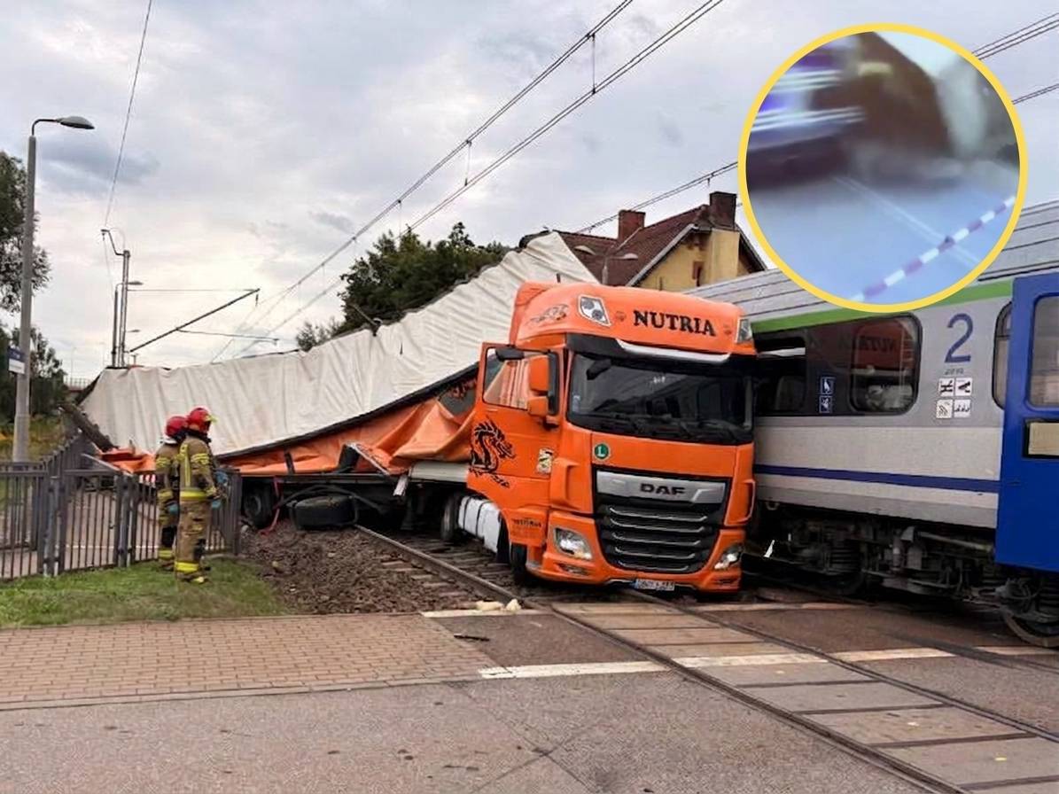 Wypadek ciężarówki z pociągiem w Gdańsku. Jest nagranie